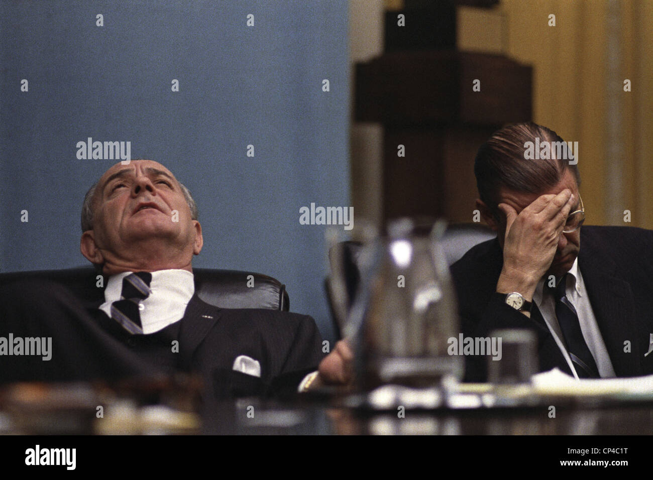 President Lyndon Johnson and Defense Secretary Robert McNamara at National Security Council meeting on Feb. 7, 1968, during the Stock Photo