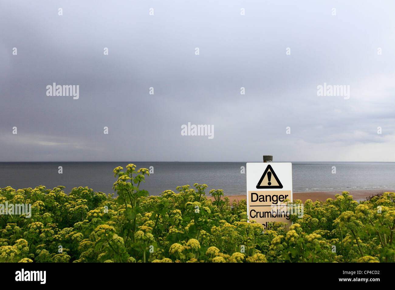 Warning sign for crumbling cliffs at Hunstanton on the Norfolk coast. Stock Photo