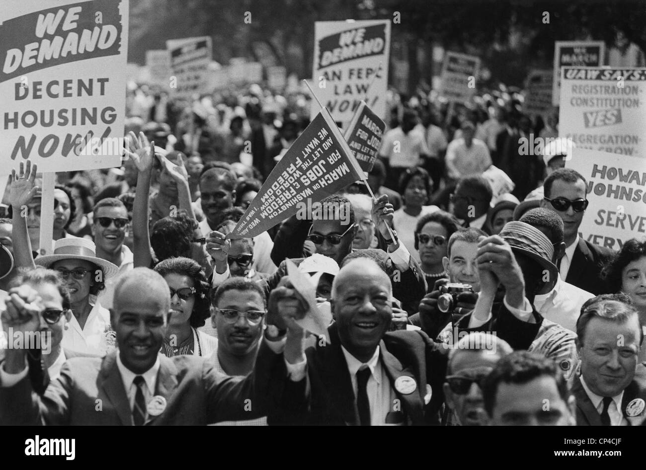 1963 March on Washington. Close-up of Civil Rights leaders at the front of the march: Roy Wilkins, A. Philip Randolph, and Stock Photo