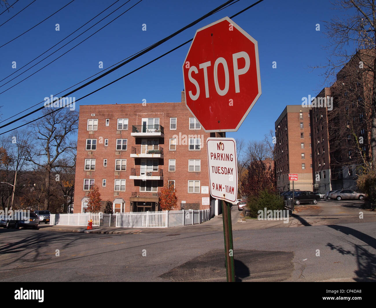 Street corner with stop sign in Yonkers, New York, United States