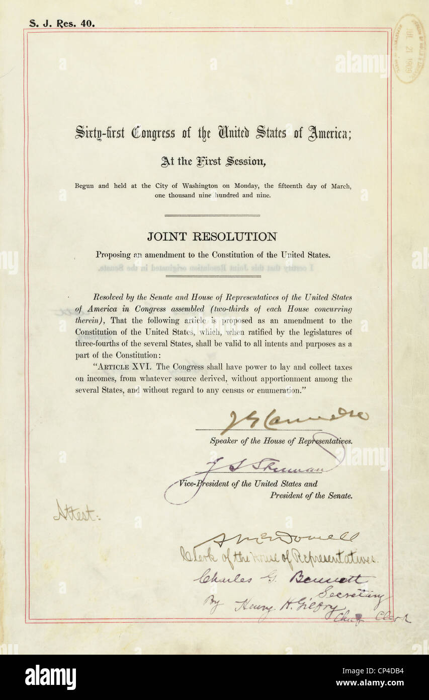 16th Amendment to the U.S. Constitution: the 16th amendment established  Congress's right to impose a Federal income tax. 1913 Stock Photo - Alamy, image size:853x1390