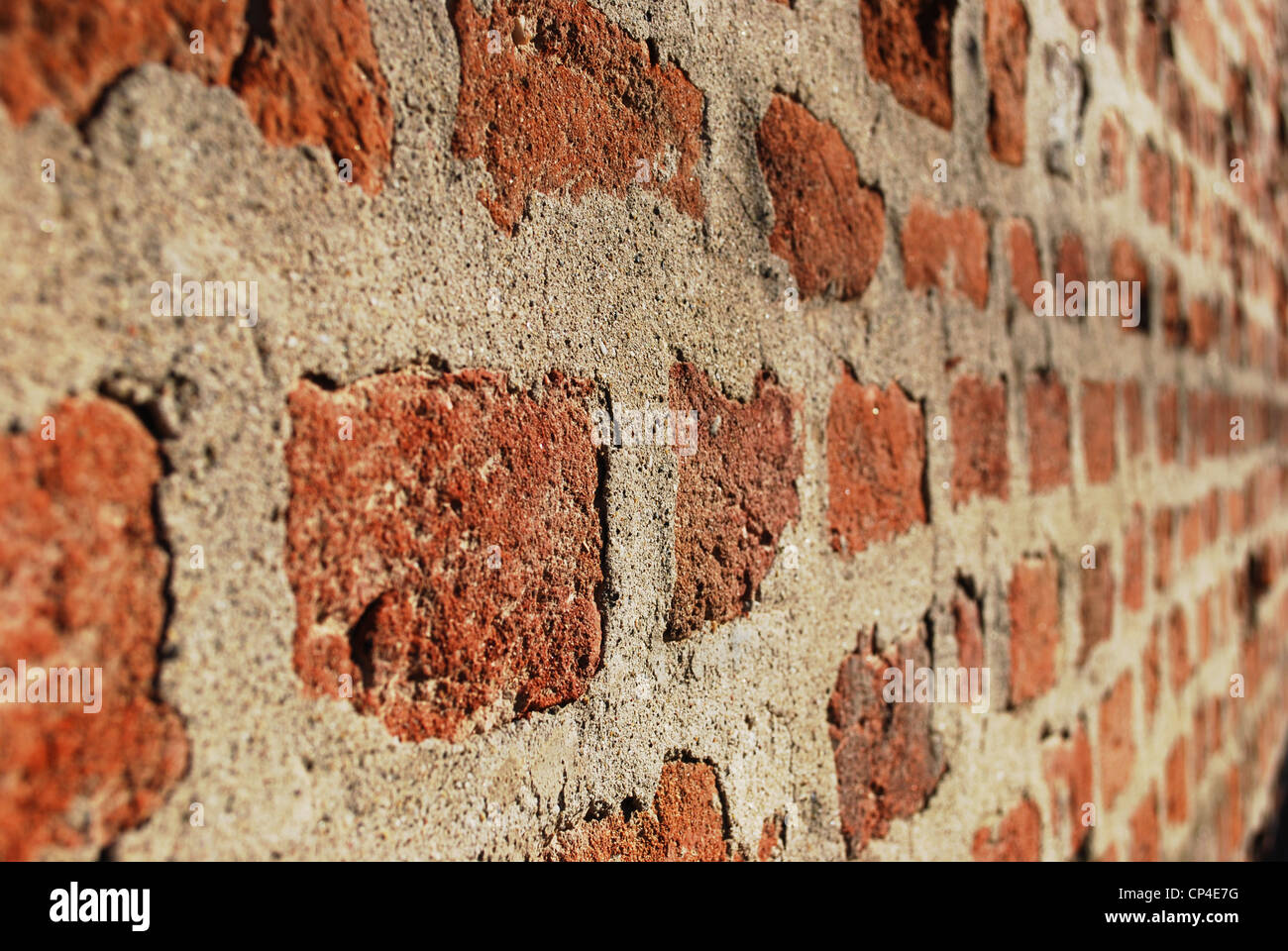 Red ancient brick wall perspective texture background, horizontal Stock Photo