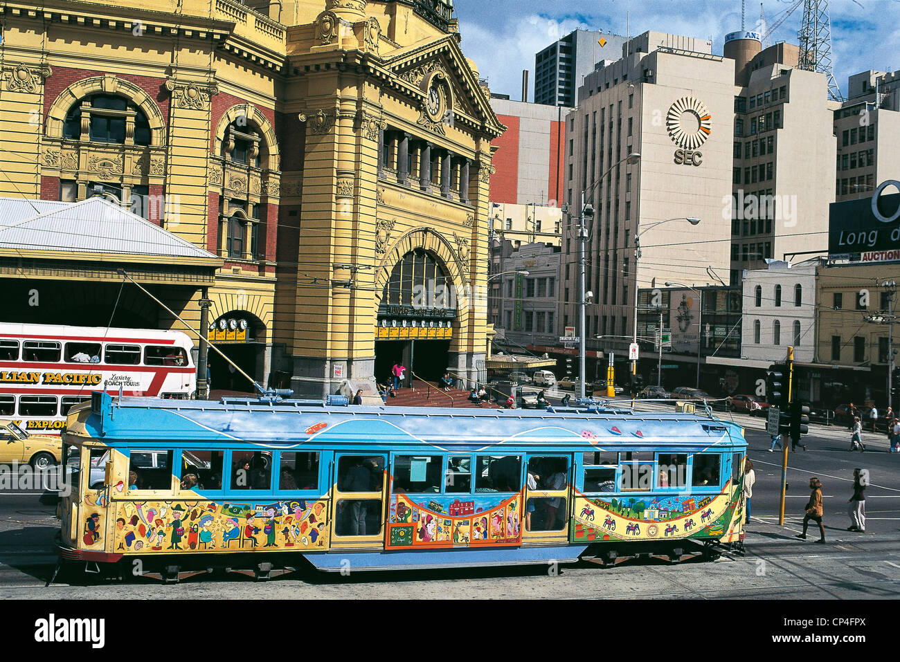 Australia - Victoria - Melbourne. Tram in front of Flinders Street railway station. Stock Photo