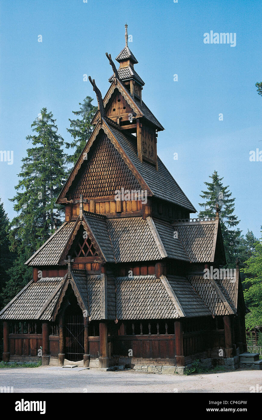 Norway - Oslo - Norwegian Folk Museum (Norsk Folkemuseum), outdoor ethnographic museum. Wooden church: Gol stave church. Stock Photo