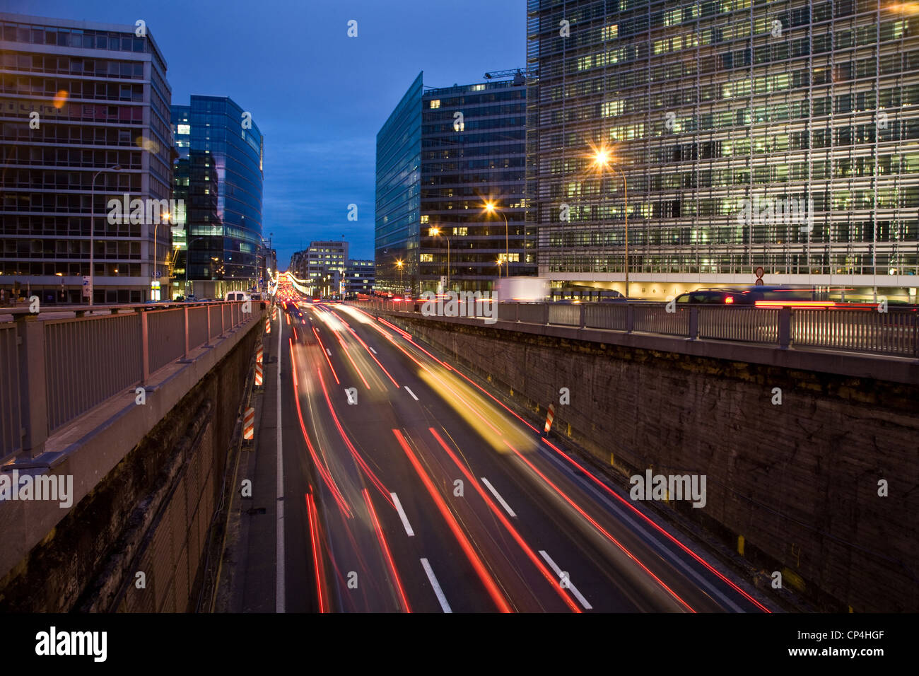 Night traffic Schuman area in Brussels, Belgium Stock Photo Alamy