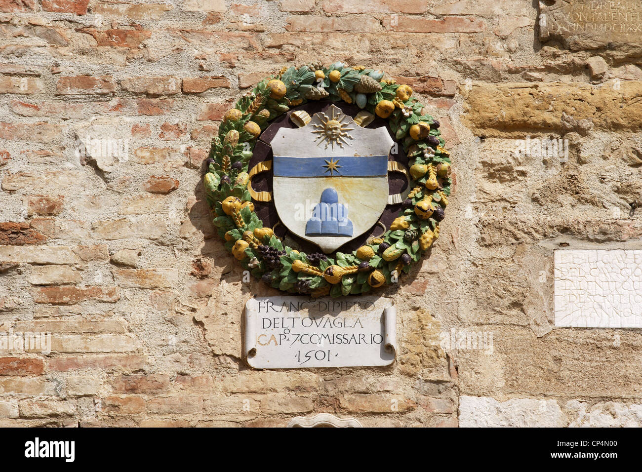 Detail of the coat of arms of the Palazzo Pretorio or Palazzo del Podesta. Italy, Tuscany Region, Colle Val d'Elsa (Si). Stock Photo