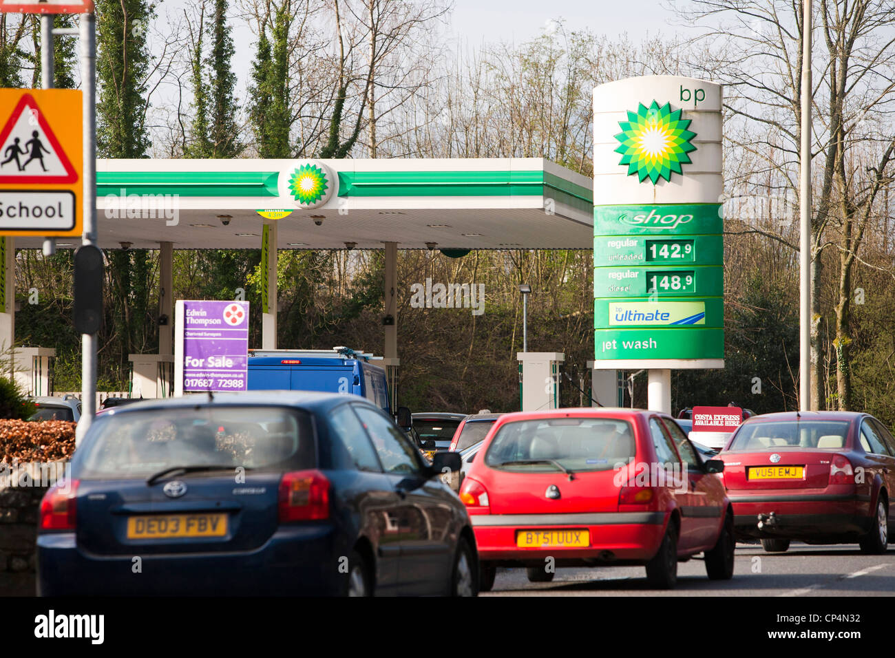 Cars queueing for petrol during the March 2012 panic buying spree, caused by a potential petrol tanker drivers strike. Stock Photo