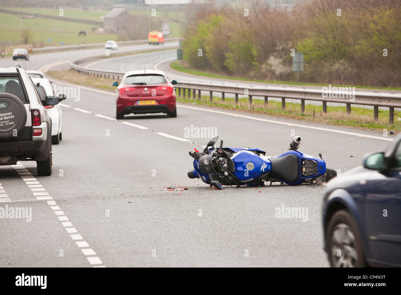 An RTA involving a car and a motorcycle on the A66 at Penrith, Cumbria, UK. Stock Photo