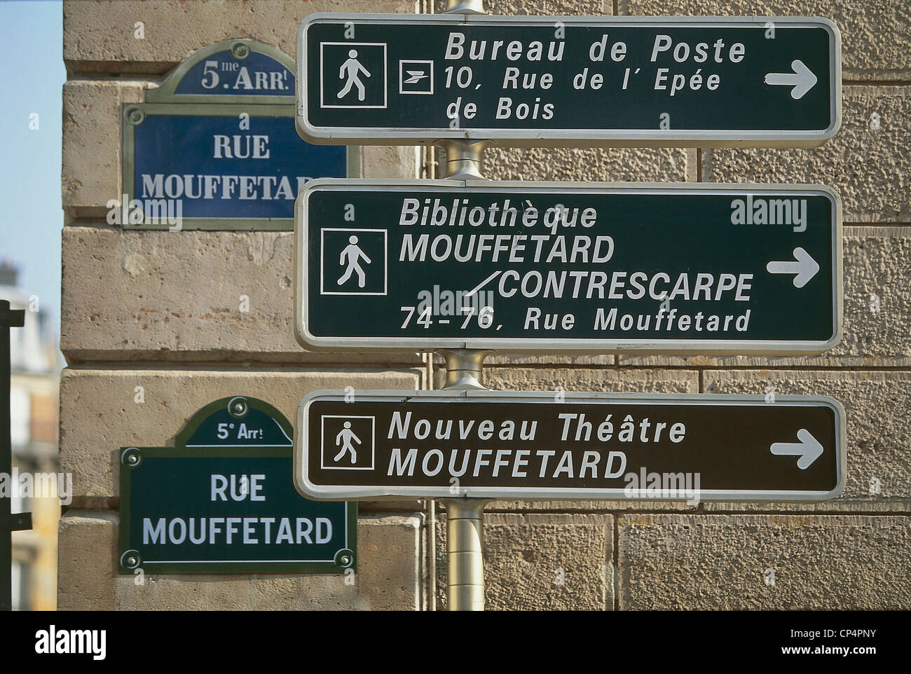 France - Ile-de-France - Paris. Road signs in rue Mouffetard Stock Photo