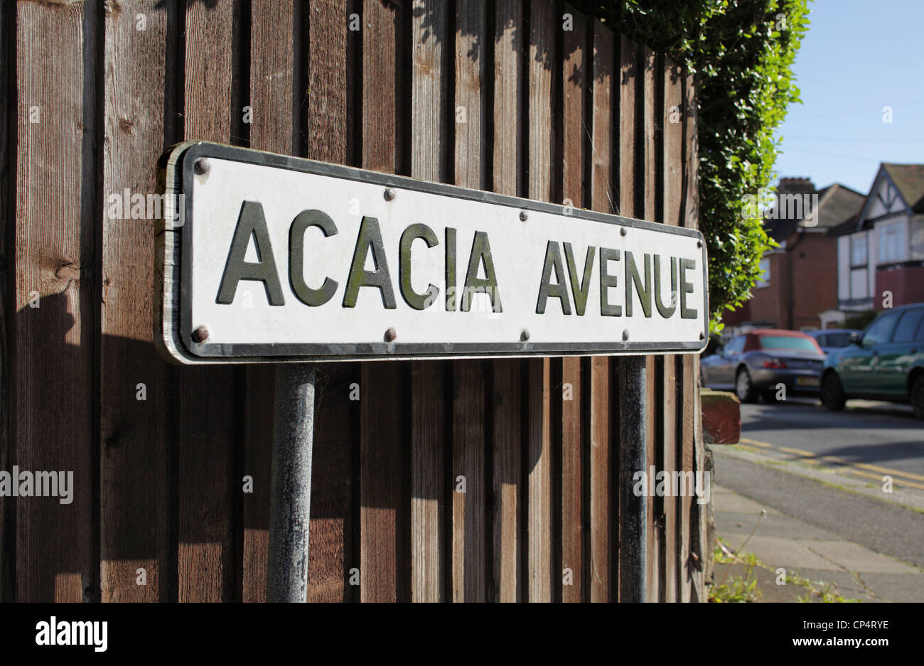 Acacia Avenue road sign, Hove, East Sussex. Stock Photo