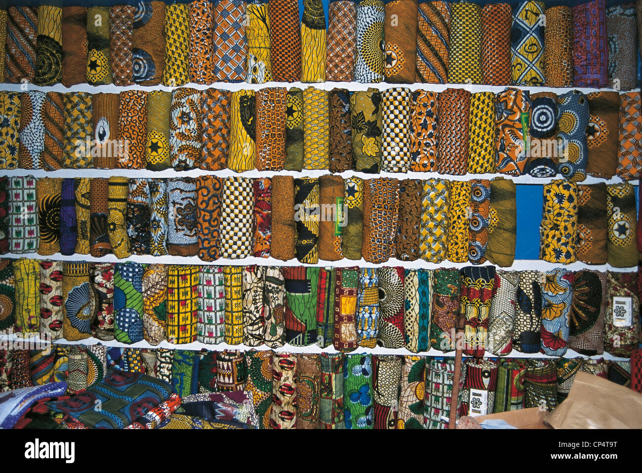 Ghana - Kumasi. Fabrics for sale at the market. Stock Photo