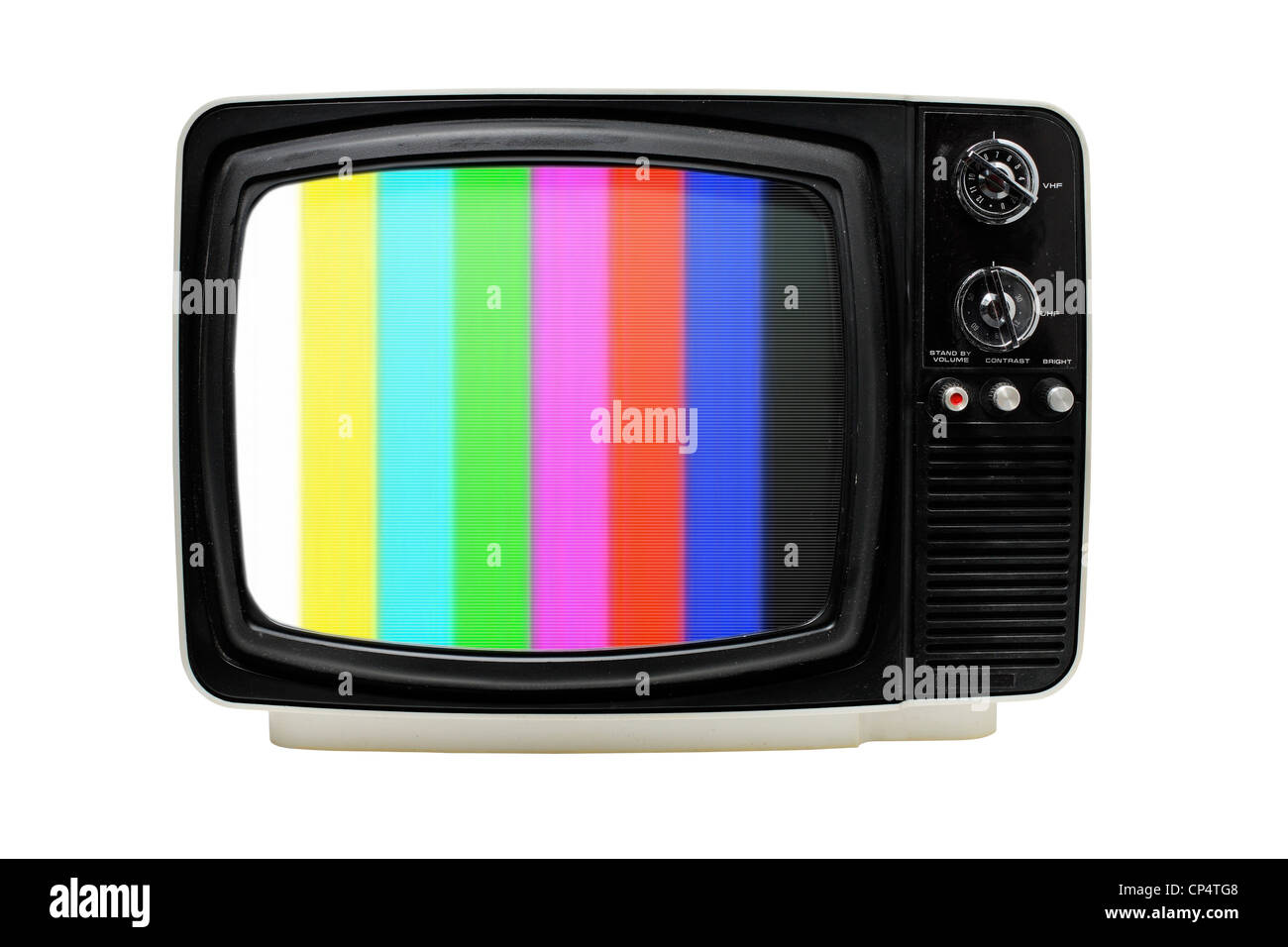 Old 12" portable television with color bars test image. Stock Photo