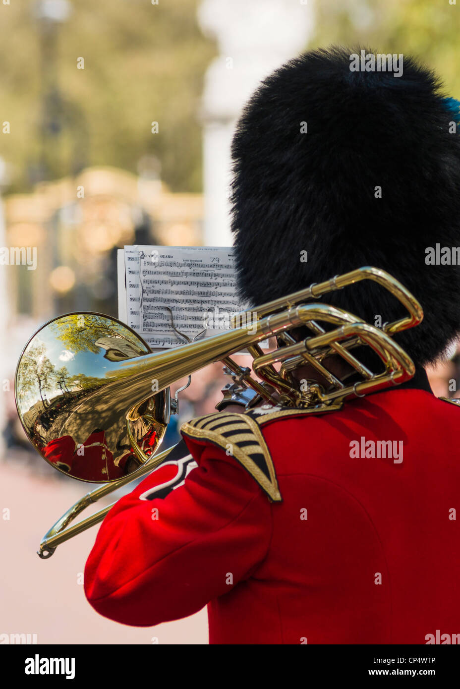 Grenadier Guard with Bass Trombone at Changing of the Guard Ceremony,Buckingham Palace,London Stock Photo