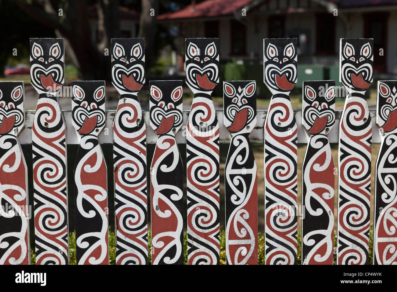 Colorful fence, Government Gardens, Central Rotorua, Bay of Plenty, North Island, New Zealand. Stock Photo