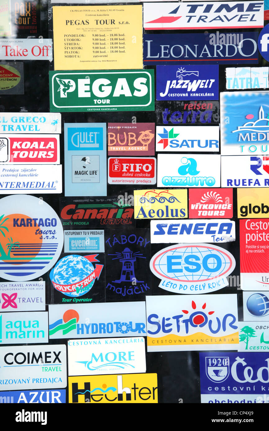 Sticky labels of travel agencies. Stock Photo