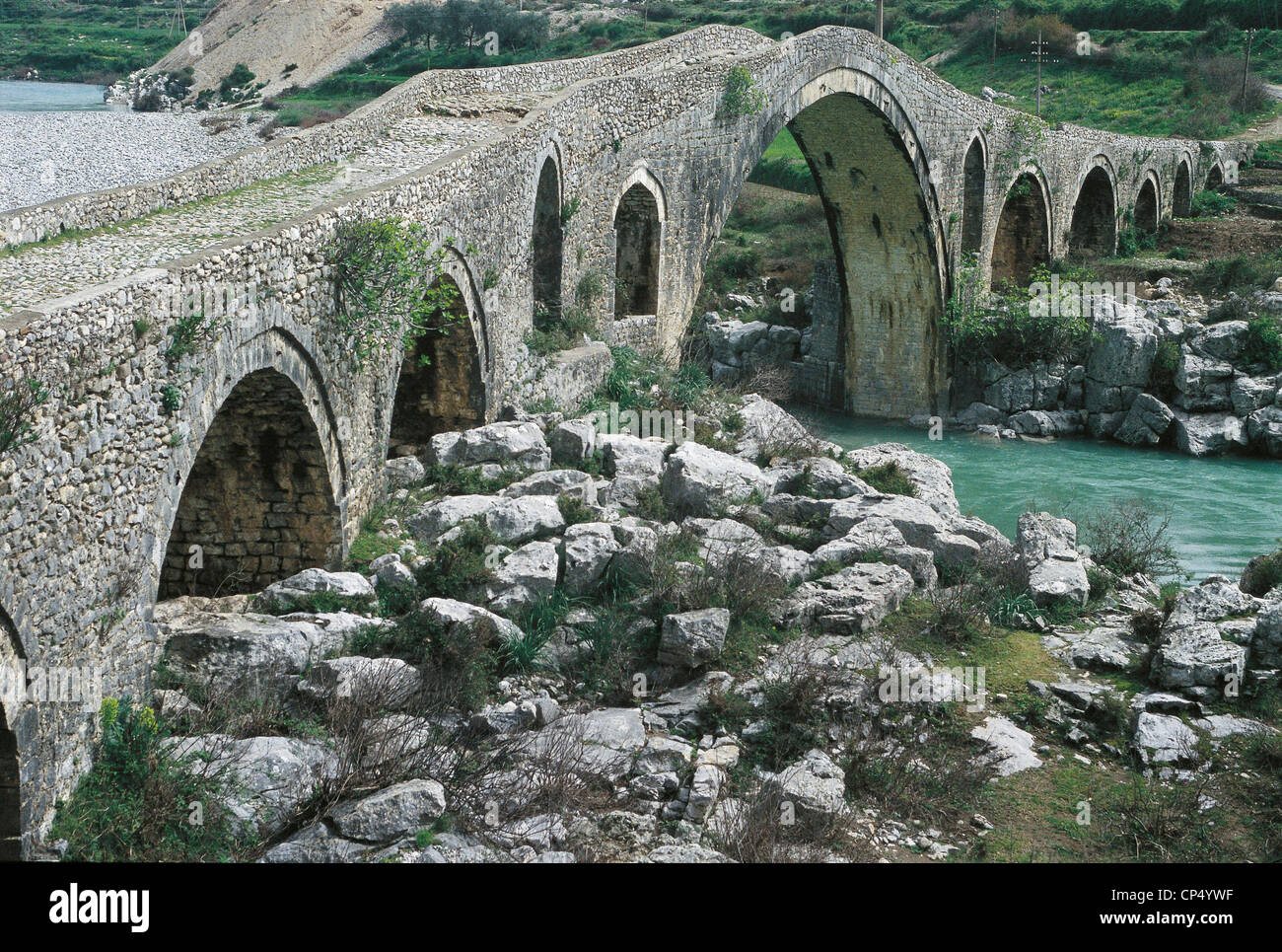 Albania - The Bridge on the River Mes Kiri, near Scutari (Shkodra), turkish style of the eighteenth century. Stock Photo