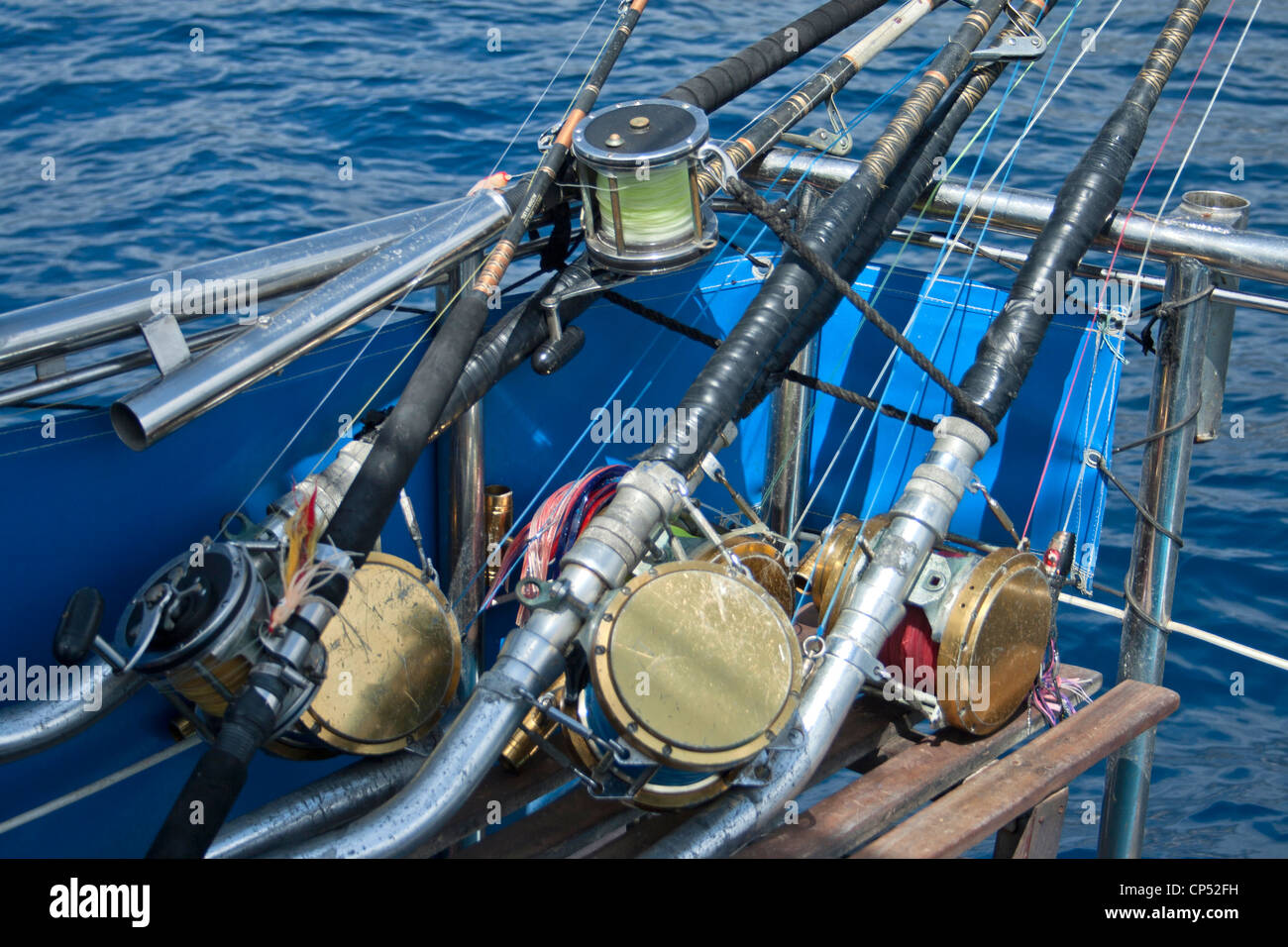 Big game fishing rods photographed during a fishing trip off Tenerife, Canary Islands, Spain. Stock Photo
