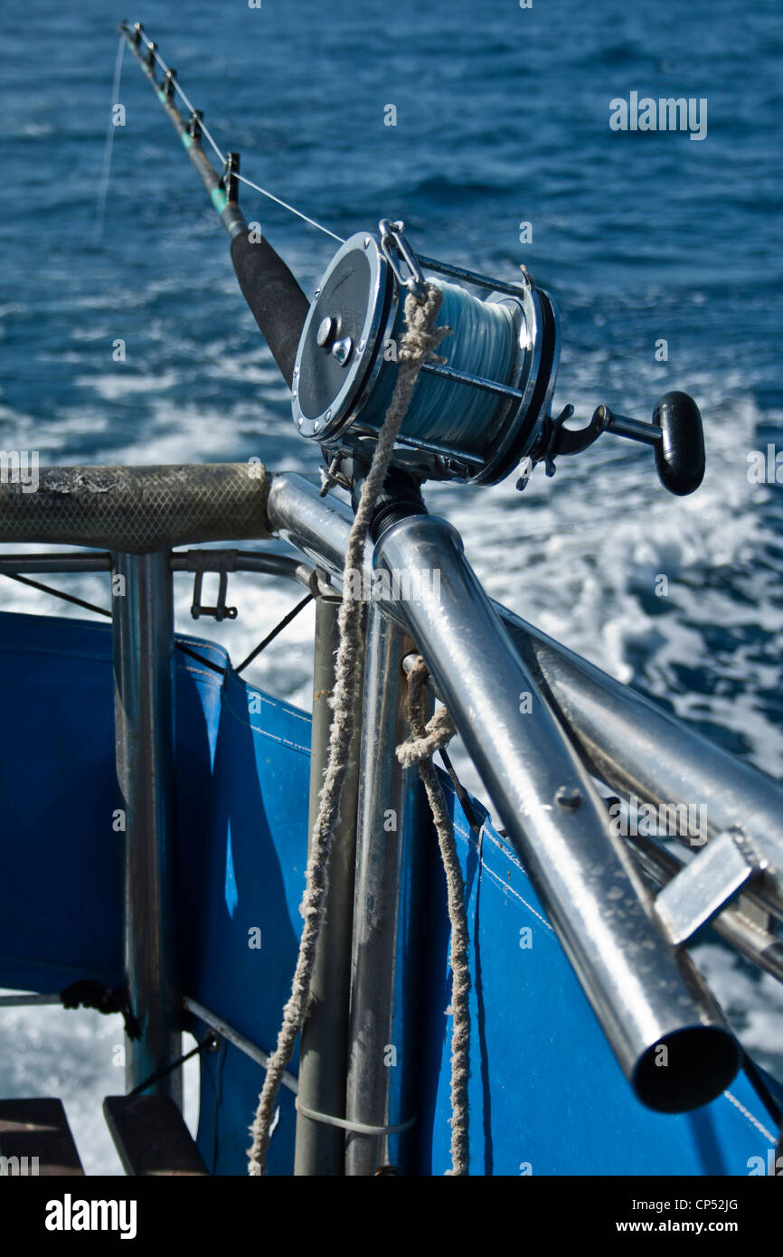Big game fishing rod photographed during a fishing trip off Tenerife, Canary Islands, Spain. Stock Photo