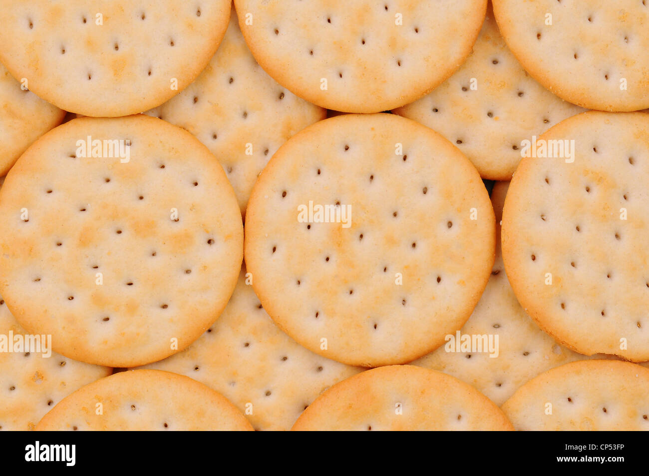 Group of snack crackers lined up in a row. Stock Photo