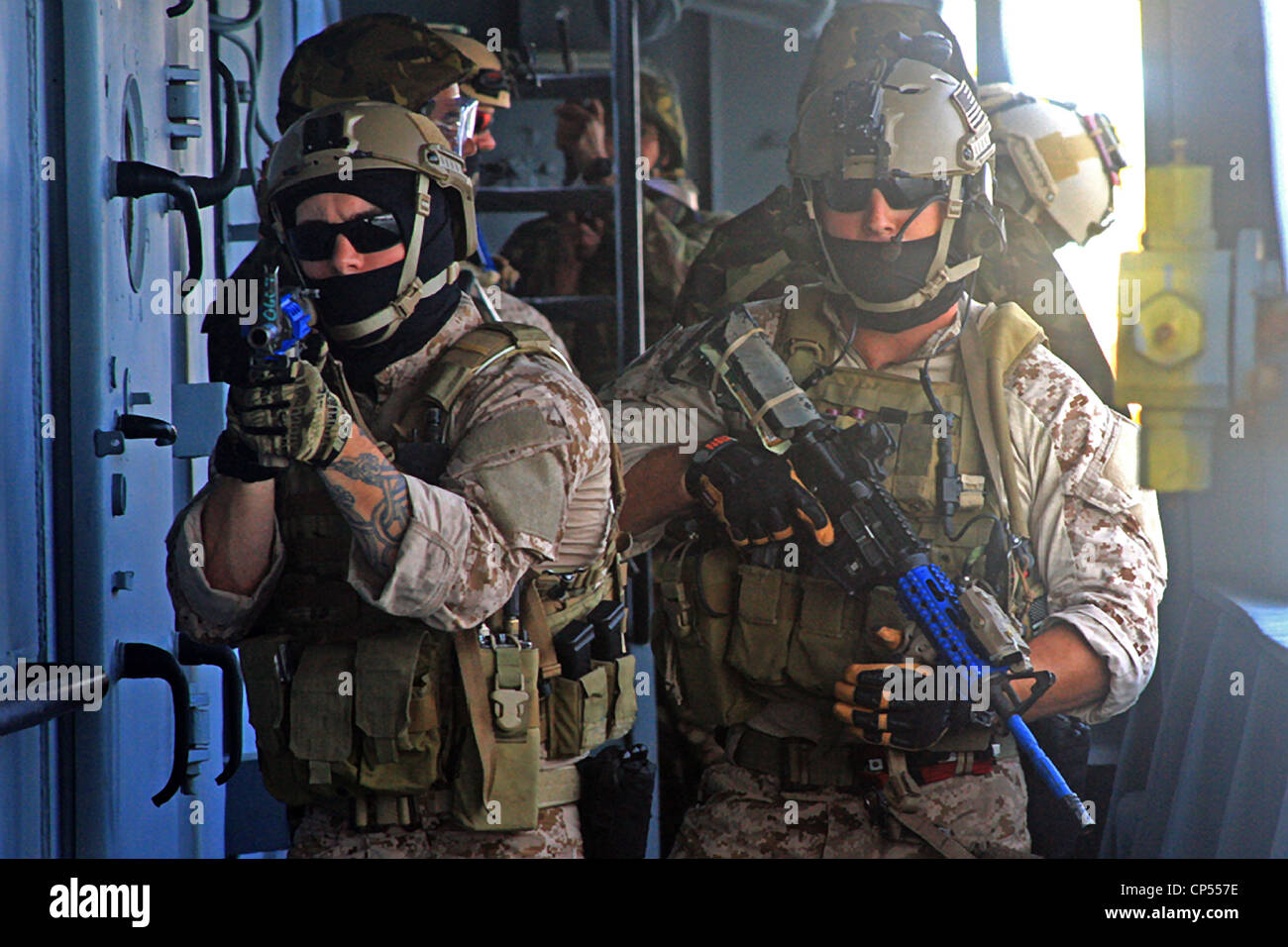 US Special Operations Forces during a staged firefight demonstrating the range of US Army Special Operations capabilities September 17, 2011 in Constanta, Romania Stock Photo
