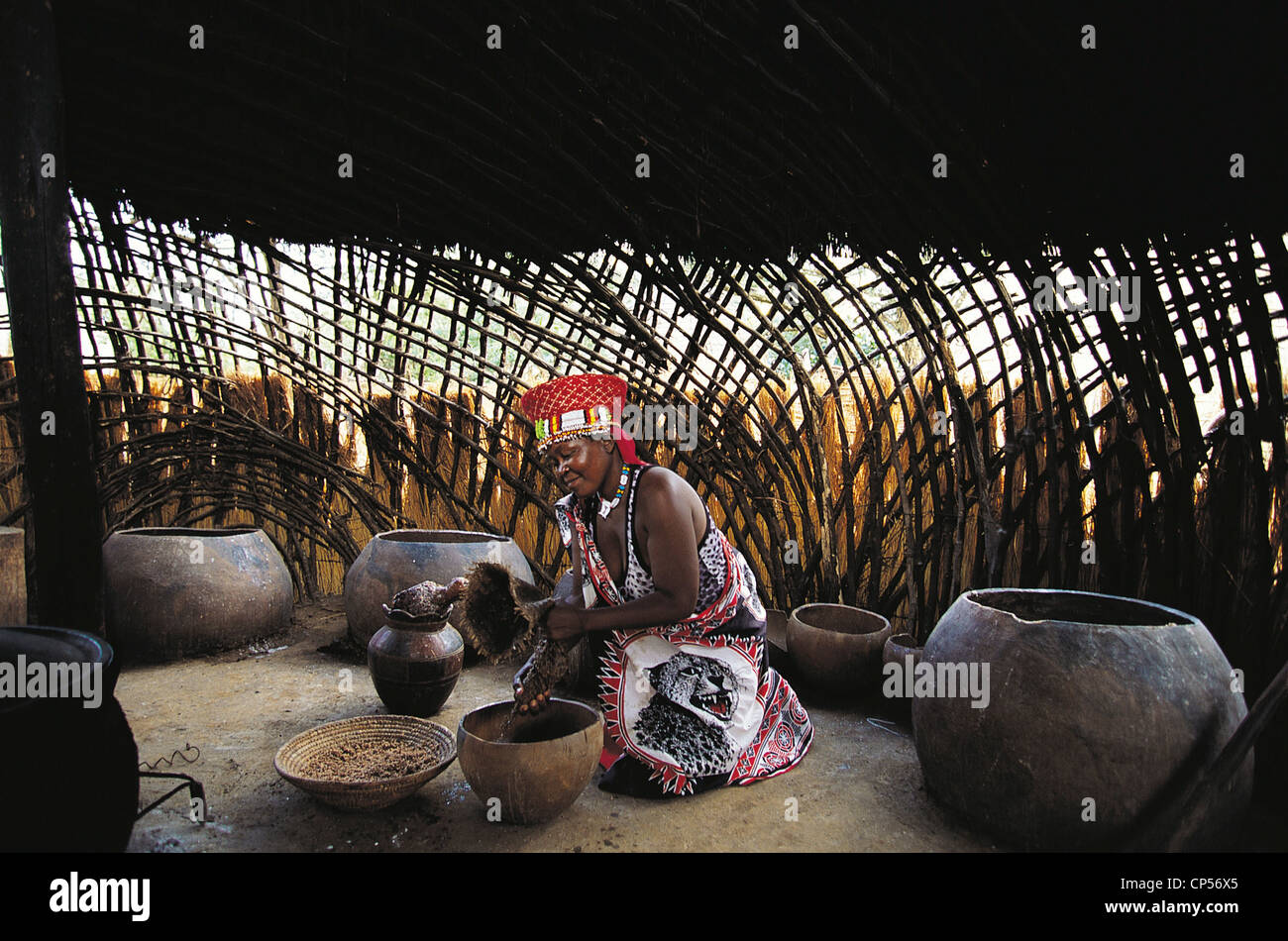 Republic Of South Africa Qwazulu Zulu Village Activity 'Home In A Typical Country Beehive Zulu Stock Photo