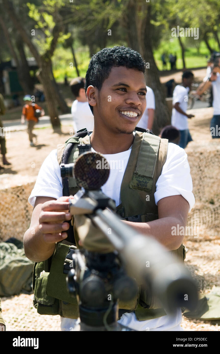 An Israeli special forces soldier displaying his machine gun. Stock Photo