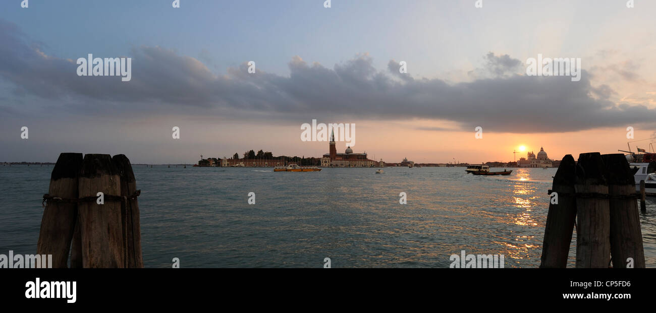 Pilings and San Giorgio at Sunset Venice, Italy Stock Photo