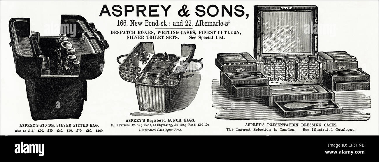 Original Victorian advertisement advertising ASPREY & SONS cases and bags. Dated 13th June 1887. Stock Photo