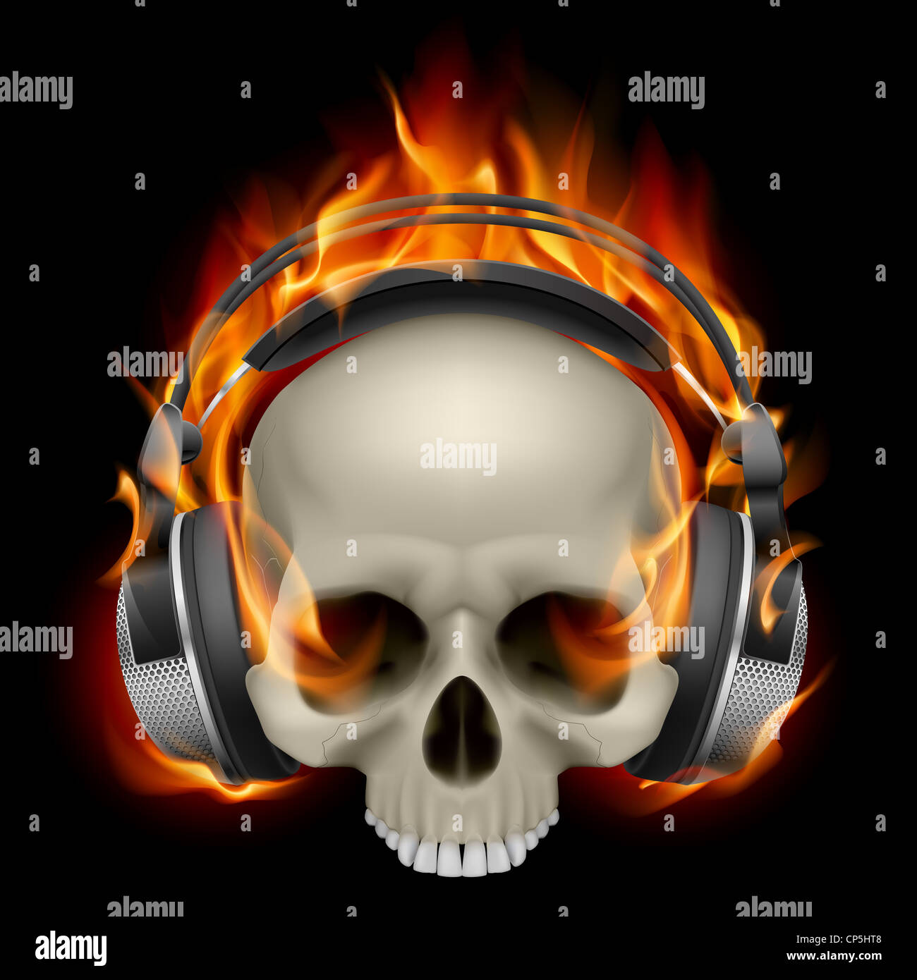 Flaming Skull Wearing Headphones on black background Stock Photo