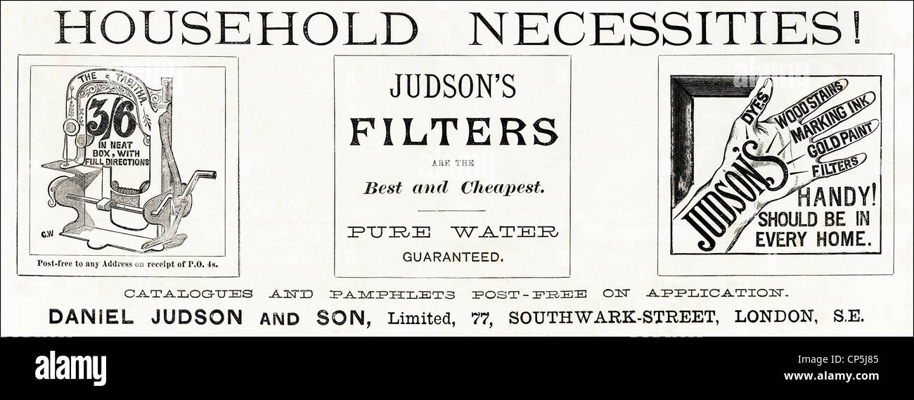 Original Victorian advertisement advertising JUDSON'S HOUSEHOLD NECESSITIES. Dated 13th June 1887. Stock Photo
