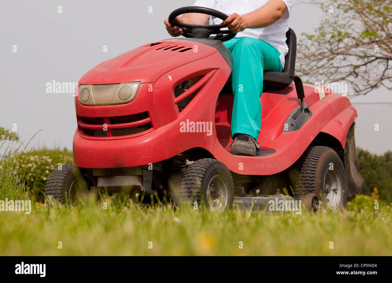 Rideon lawn mower cutting grass Stock Photo Alamy