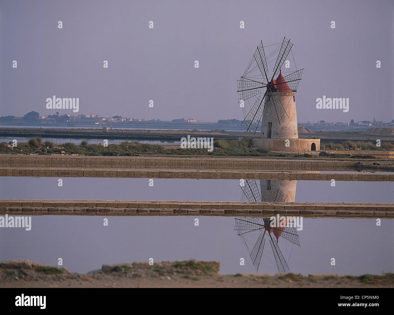 Sicily - Nature Reserve Islands of the Lagoon of Marsala (Tp). Saline and mills. Stock Photo