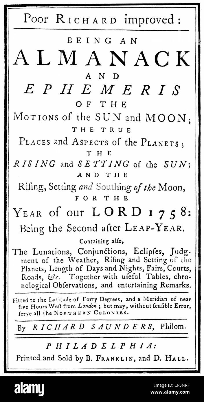 title of Poor Richard's Almanack,  1758 by Benjamin Franklin, 1706 - 1790, a North American printer, publisher, writer Stock Photo