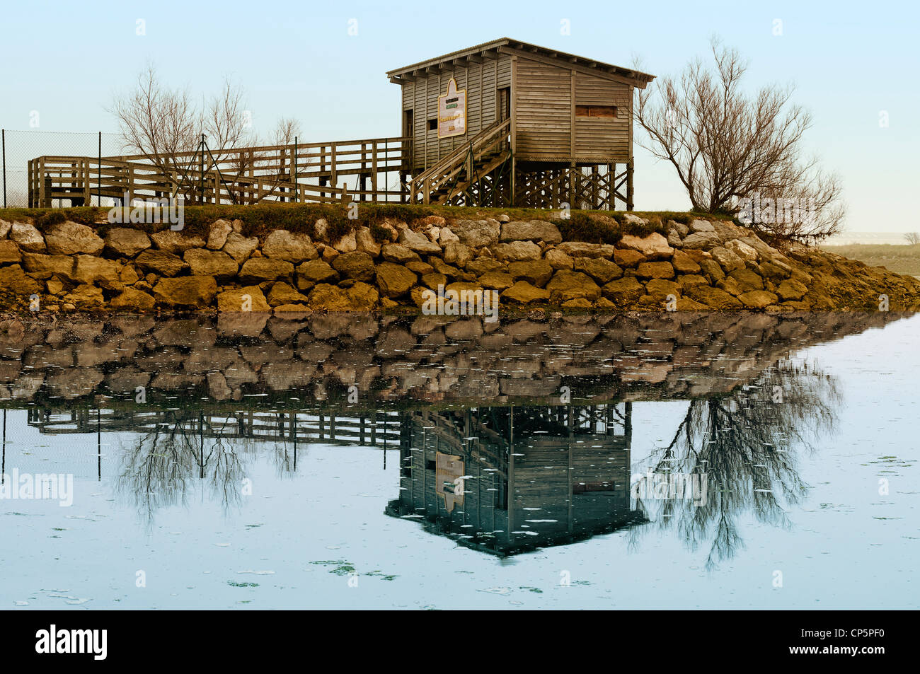 Wooden hut for bird watching in the marshes of Santona, Cantabria