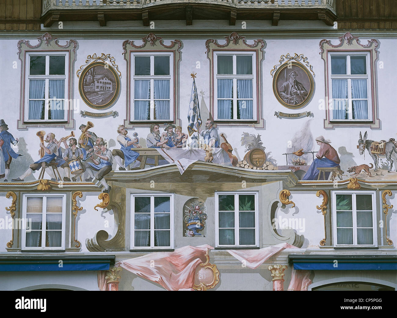 Germany - Bavaria - Oberammergau, frescoed facade of the birthplace of the German writer Ludwig Thoma (1867-1921). Particular Stock Photo
