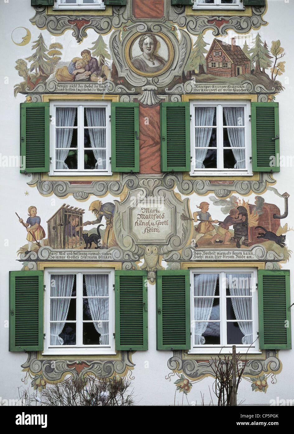Germany - Bavaria - Oberammergau, frescoed facade of the birthplace of the German writer Ludwig Thoma (1867-1921). Particular. Stock Photo
