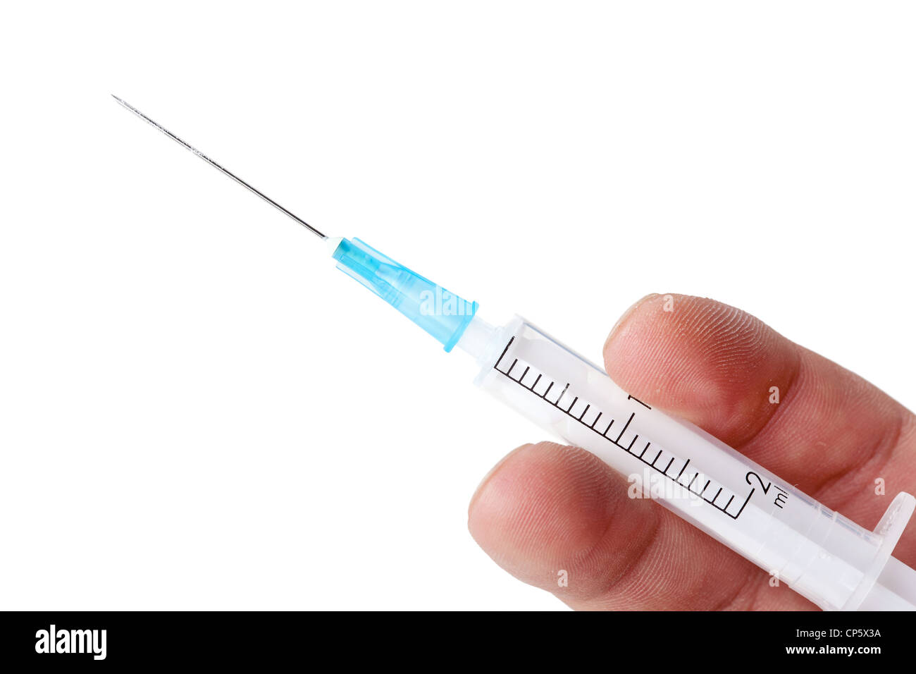 Syringe in hand, closeup on white  Stock Photo