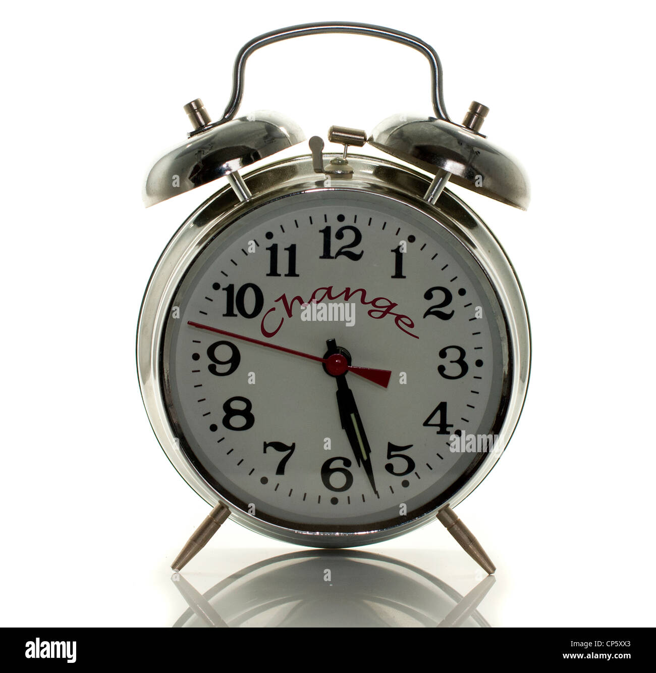 metal clock on isolated white time to change Stock Photo Alamy