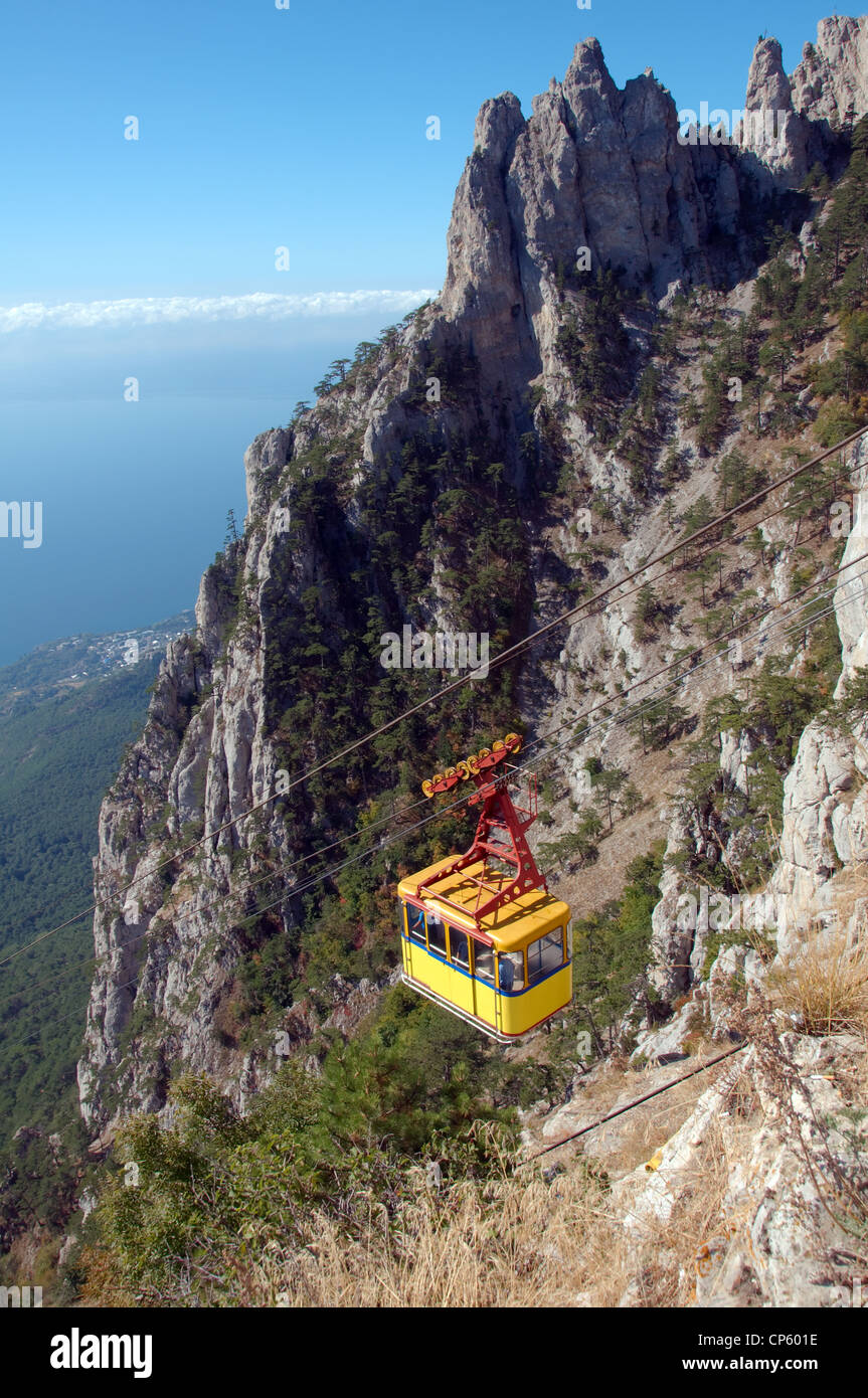 Cablecar ascending Ai-Petri peak, Crimean Mountains, Crimea, Ukraine, Eastern Europe Stock Photo