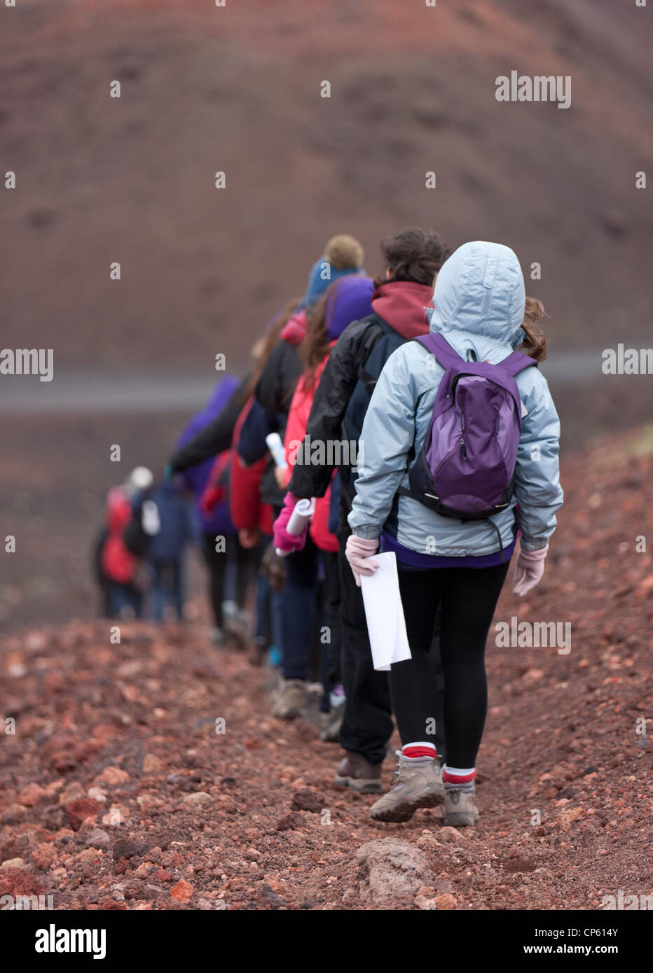 Students touring Eldfell Volcano, Heimaey, Westman Islands, Iceland Eldfell Volcano (“Fire Mountain”) last erupted in 1973. Stock Photo