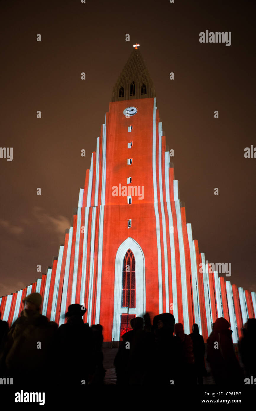 Laser light show on Hallgrimskirkja Church, Reykjavik, IcelandAnnual winter lights festival in Reykjavik Stock Photo