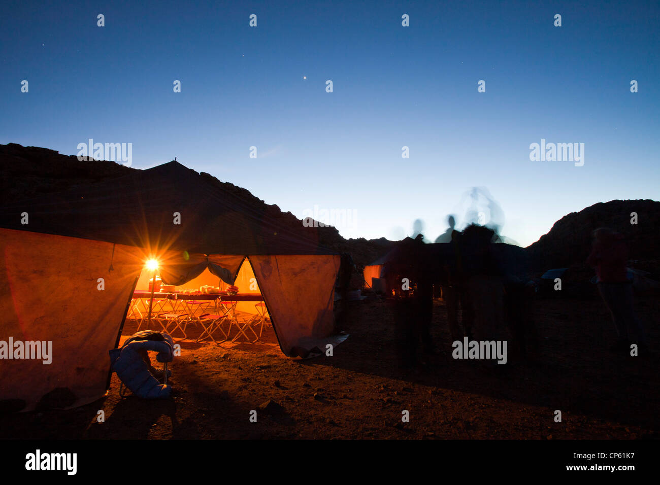 A night time camp on a trek in the Jebel Sirwa region of the Anti Atlas mountains of Morocco, North Africa. Stock Photo