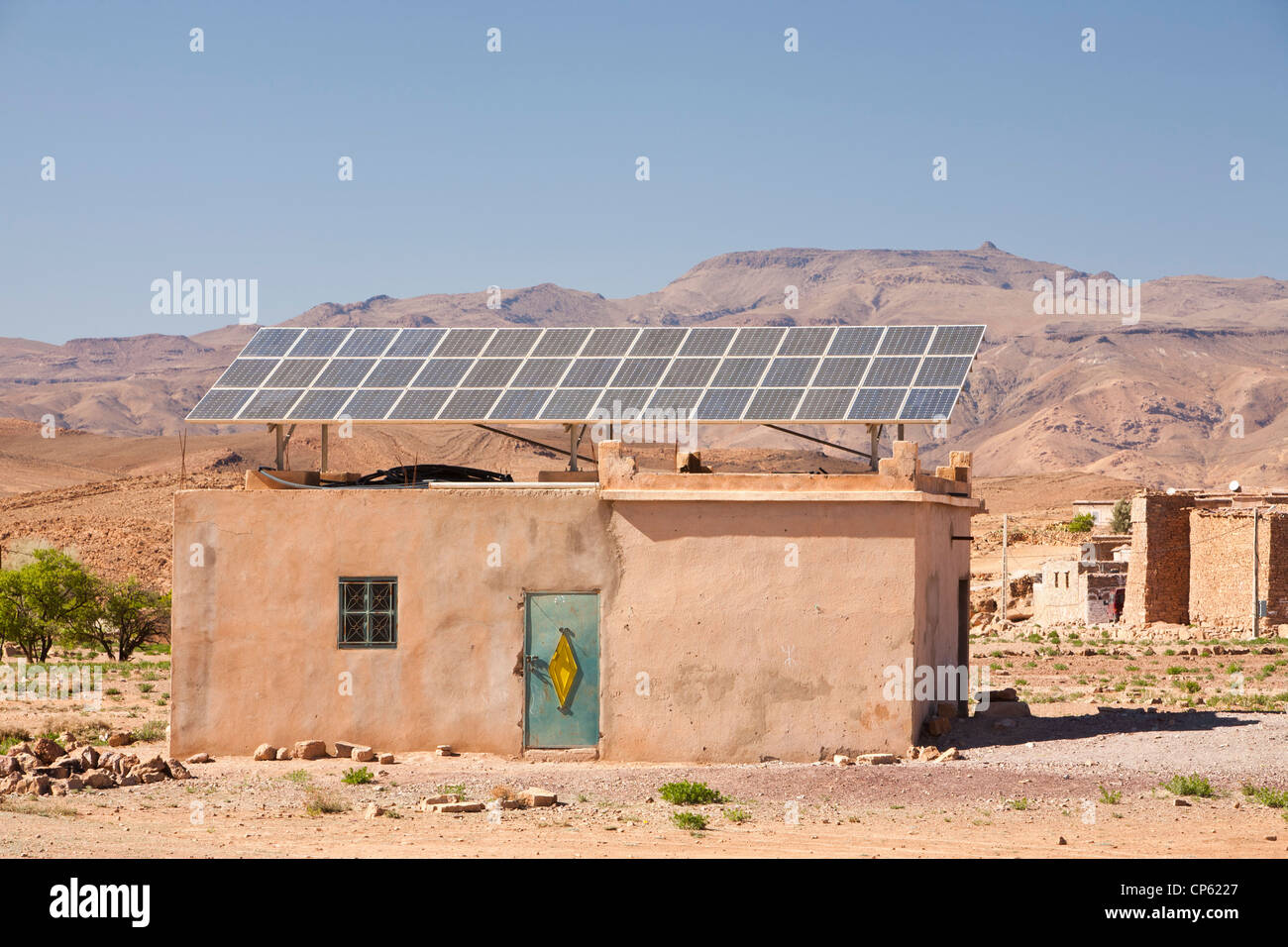 Solar panels on a house in a Berber village of the Anti Atlas in Morocco. Stock Photo