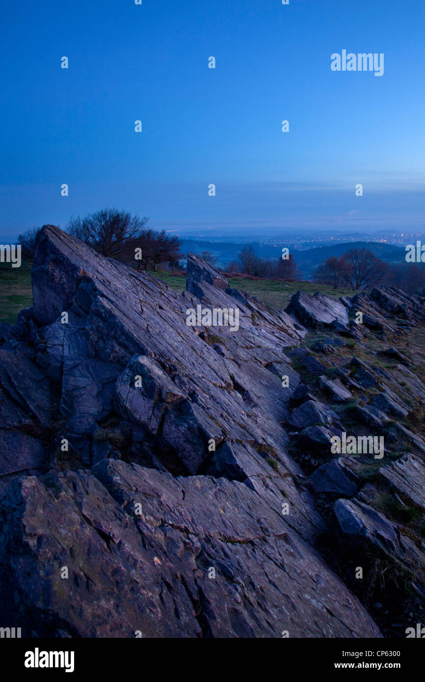 Volcanic rock formations at Beacon Hill early morning ,some of the oldest in England Stock Photo