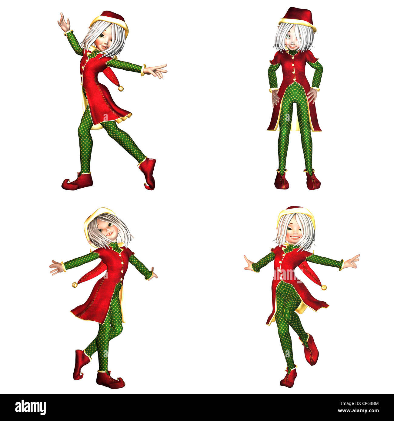 Illustration of a pack of four (4) christmas elves with different poses and expressions isolated on a white background - 4of6 Stock Photo