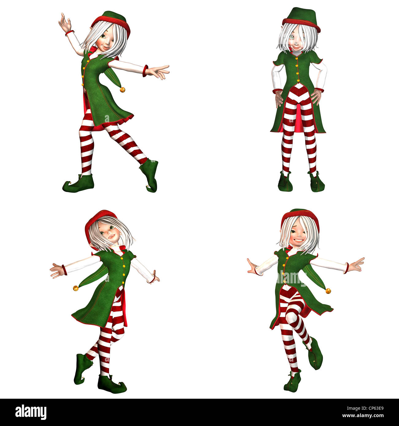 Illustration of a pack of four (4) christmas elves with different poses and expressions isolated on a white background - 2of6 Stock Photo