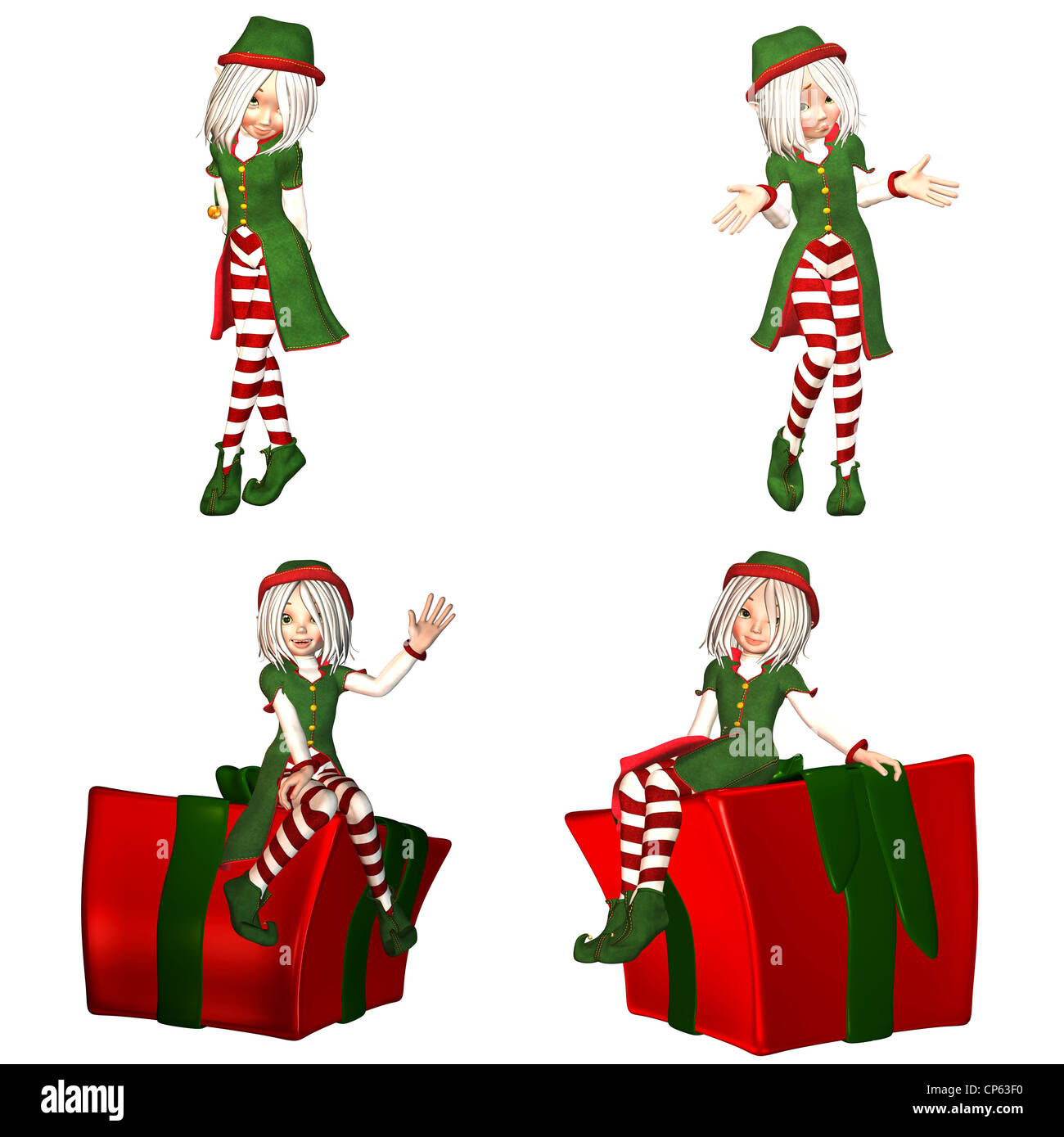 Illustration of a pack of four (4) christmas elves with different poses and expressions isolated on a white background - 1of6 Stock Photo