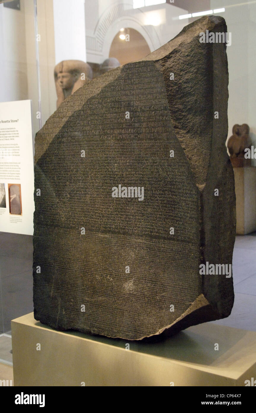 The Rosetta Stone. Ptolemaic era. 196 BC. Writing in hieroglyphical, demotic and greek scripture. Stock Photo