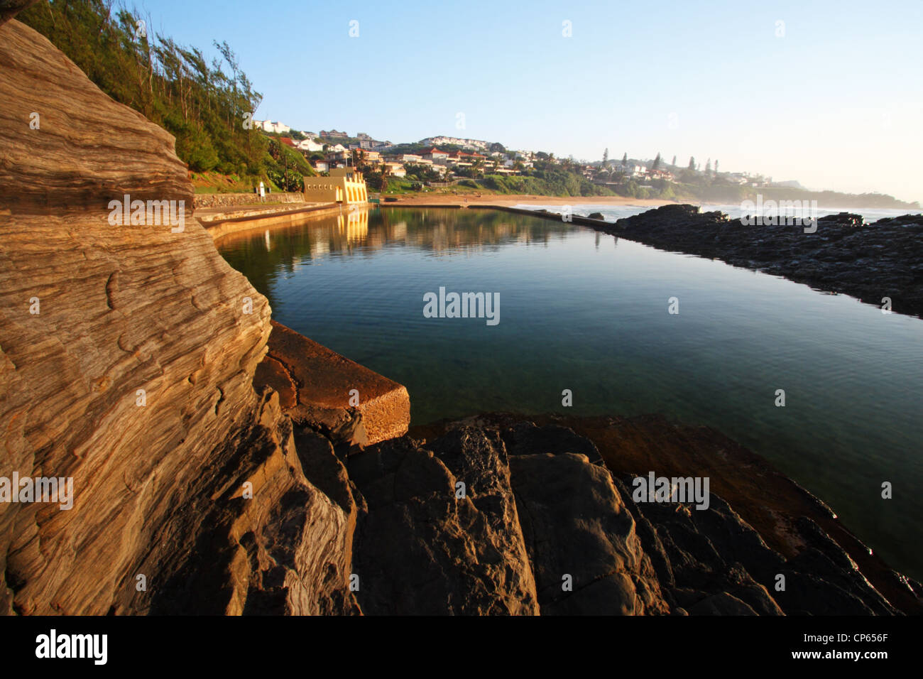 Sandstone cliffs at Charlie's tidal pool, Thompson's Bay, Ballito on the Kwazulu Natal North Coast, South Africa Stock Photo