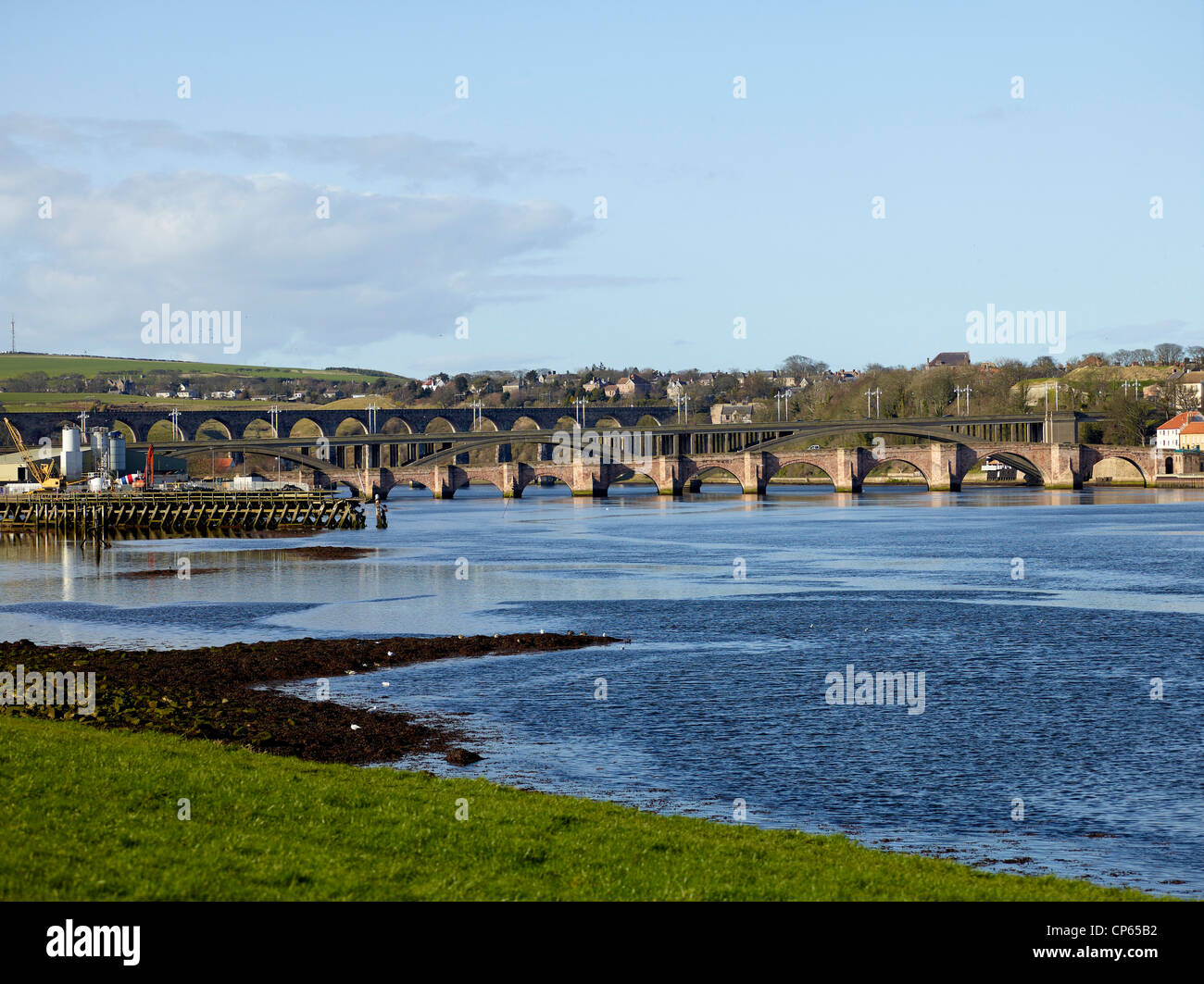 The Border Bridges, carrying Road and Rail, Berwick Upon Tweed, Border Town, between England & Scotland Stock Photo